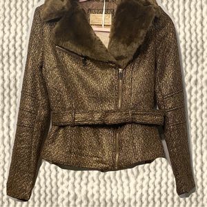 NWT Golden Tweed Faux Fur-Collar Biker Jacket Size Small